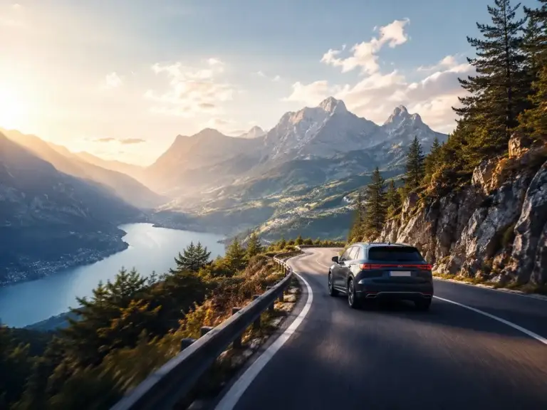 Auto rijdt over een bergweg langs een meer tijdens een inspirerende roadtrip