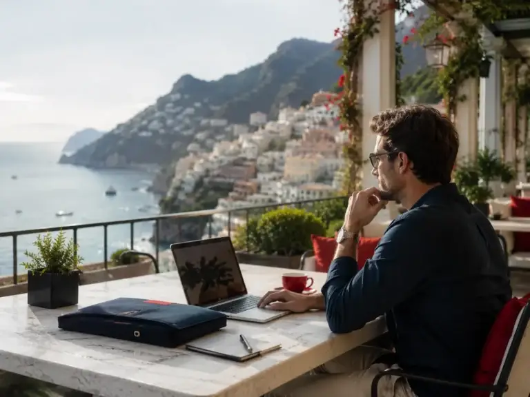 Reiziger werkt met laptop op een terras met uitzicht op een Europese kustplaats