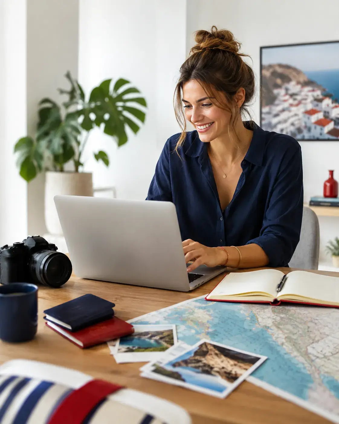 Reisliefhebber registreert zich via een laptop en bereidt reiscontent voor met kaart, camera en reisfoto’s.