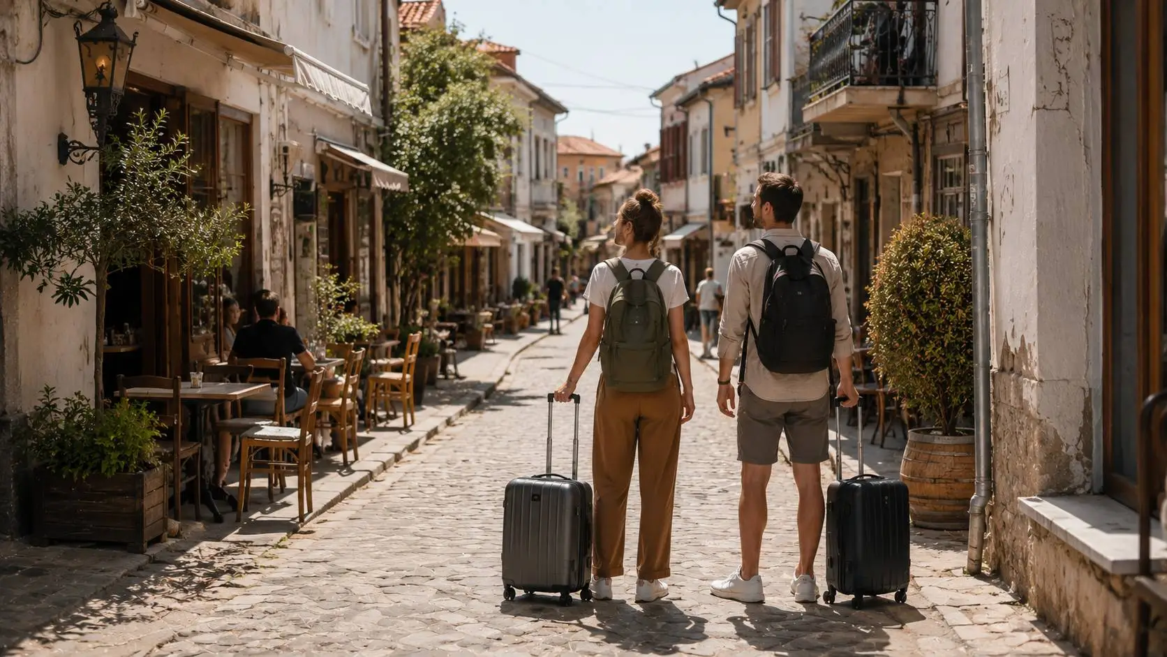 Reizigers onderweg in een van de goedkope vakantie bestemmingen