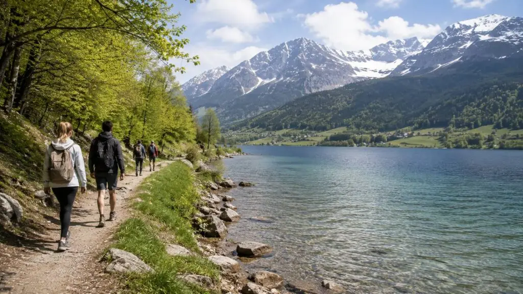 Vakantiebestemming in het voorjaar met groen landschap en besneeuwde bergtoppen