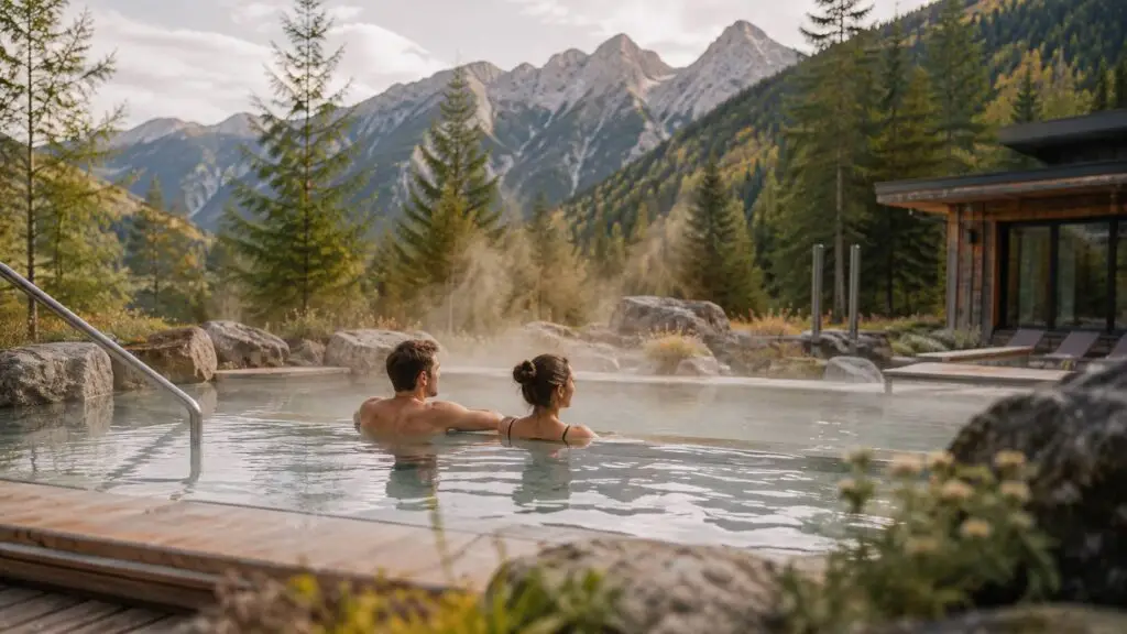 Stel ontspant samen in een wellnessbad in de bergen